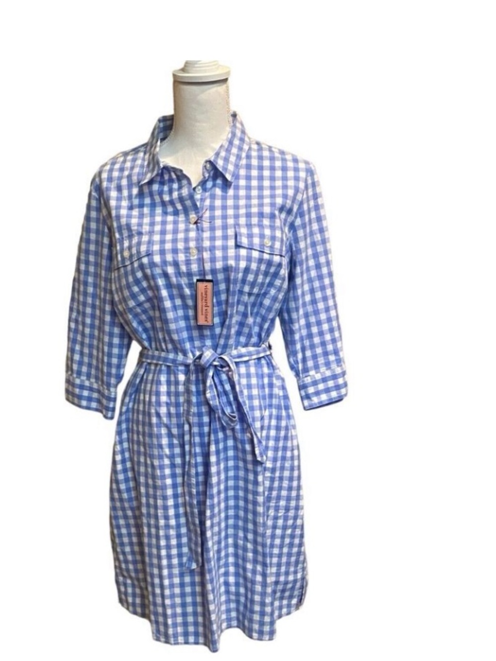 Vineyard Vines Women's Gingham Shirt Dress Breaker Blue Size 16 Cotton